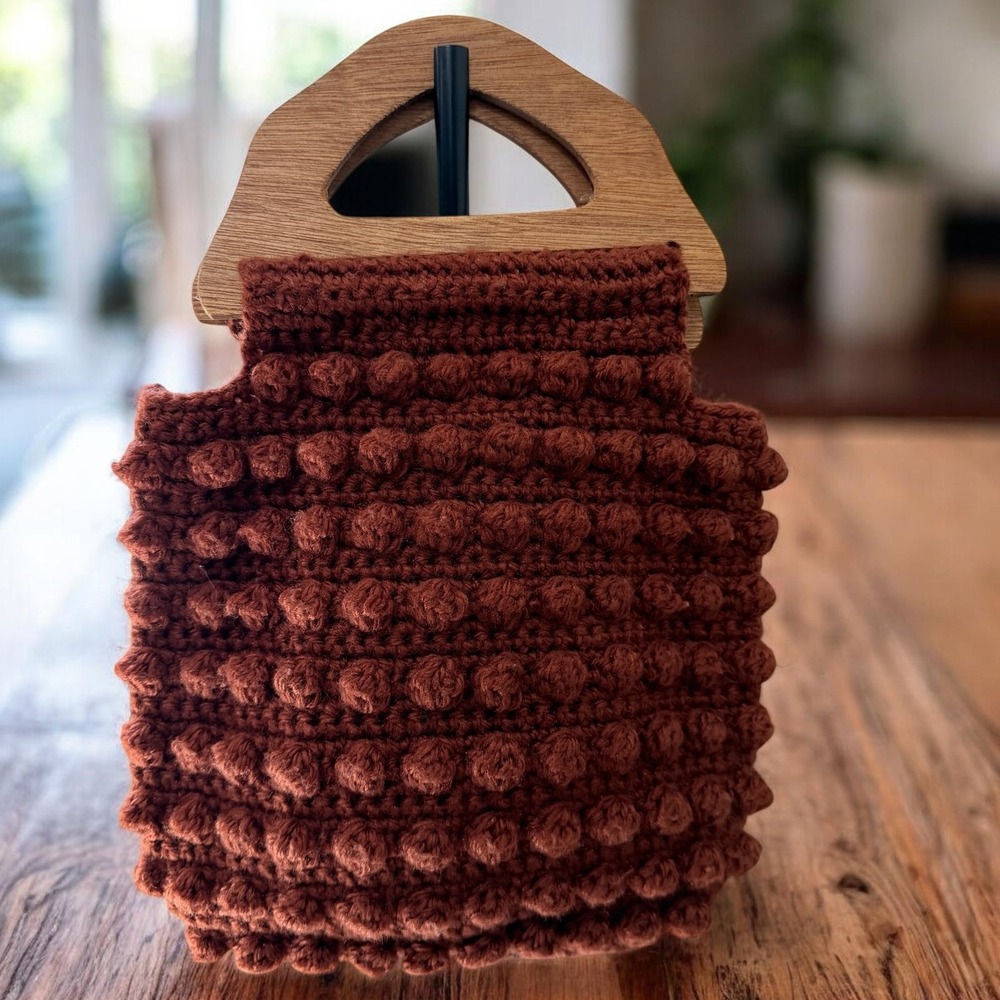 Vintage Crochet Bobble Bag Wooden Handle Boho Cottagecore Grannycore Purse